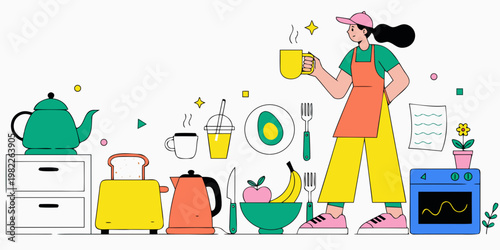 Person with coffee and kitchen tools flat design illustration breakfast utensils lifestyle preparation appliance illustration character beverage domestic culinary colorful interior