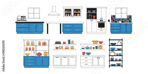 Modern blue kitchen cabinet units and open shelving set with furniture cupboard interior organization kitchenware household renovation utensils illustration cupboards houseware kitchenette