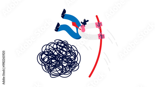 A cartoon character jumping over a tangled mess of rubber bands with ease