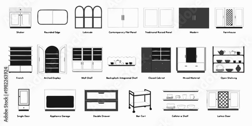 Set of various kitchen cabinet styles and storage shelving units with shelving furniture cupboard interior woodwork organization minimalist installation fixtures hardware architectural