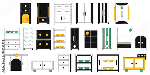 Collection of kitchen furniture and storage cabinet icons with furniture cupboard interior organization minimalist household kitchenware utensils illustration cabinetry furnishing shelving