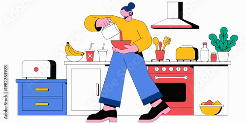 Woman preparing breakfast in a modern home kitchen with breakfast preparing lifestyle illustration character domestic activity nutrition kitchenware appliance interior culinary beverage