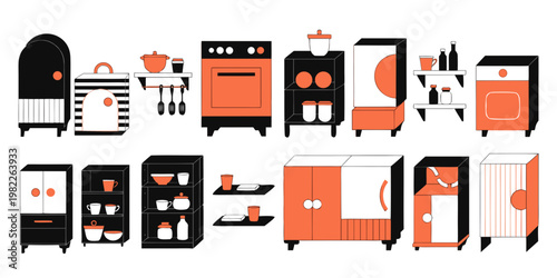 Kitchen cabinetry and appliance storage icons in black and orange with furniture appliances cupboard interior organization kitchenware utensils household lifestyle illustration minimalist