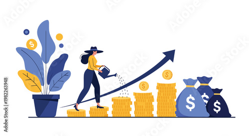 Determined woman waters a growing line of gold coins to represent financial investment strategies and personal wealth accumulation.