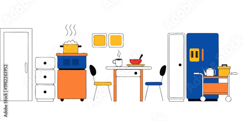 Kitchen area with dining table and cooking equipment flat illustration interior illustration cabinets lifestyle domestic minimalist colorful residential apartment contemporary kitchenware