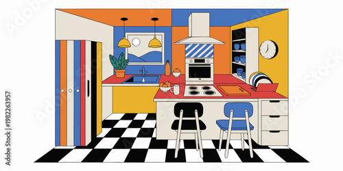Modern colorful kitchen interior with tiled floor and island flat illustration interior illustration cabinets lifestyle domestic minimalist colorful residential apartment contemporary