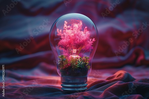 Small green plant growing inside a light bulb with pink glow