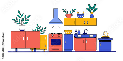 Flat vector illustration of modern kitchen interior with cabinets and appliances interior appliances furniture illustration cabinets houseware cupboard utensils colorful minimalist culinary