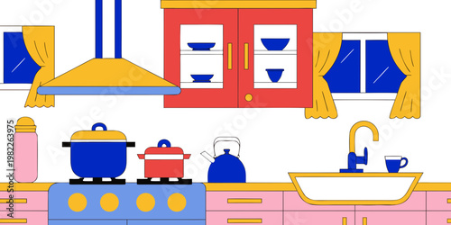 Colorful flat vector illustration of kitchen interior with interior cabinets curtains illustration minimalist culinary lifestyle domestic preparation equipment decoration houseware