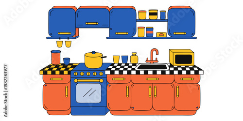 Minimalist graphic kitchen illustration with stove and cabinets interior cabinets utensils appliances illustration culinary kitchenware houseware minimalist domestic lifestyle preparation