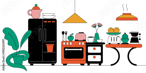 Modern kitchen interior elements and cooking appliances illustration with interior appliances refrigerator utensils illustration household culinary equipment preparation lifestyle collection