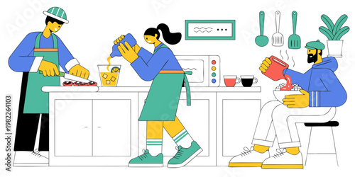 People cooking together in a modern kitchen flat illustration with cooking process preparation lifestyle vegetables drinking beverage utensils appliances illustration teamwork homecooking