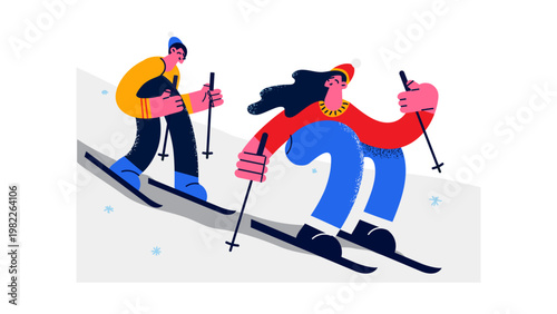 A colorful illustration of two skiers in motion on a snowy slope