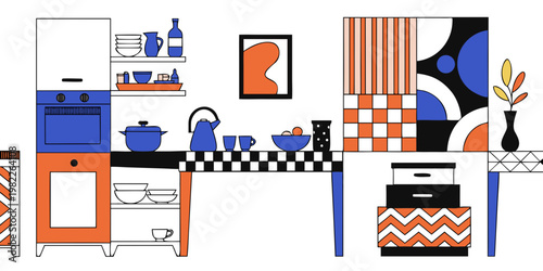 Modern kitchen interior design with appliances and cookware flat illustration kitchen area cooking area home interiors interior appliances cookware furniture illustration utensils lifestyle