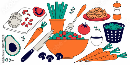 Cooking scene with fresh vegetables ingredients and kitchen tools cutting board flat design pepper grinder food prep vegetables nutrition ingredients mushrooms utensils preparation culinary