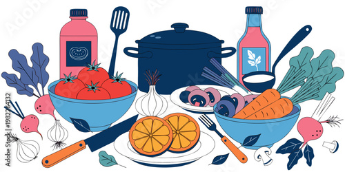 Healthy food preparation illustration with fresh vegetables and kitchenware flat design cooking tools vegetables nutrition ingredients mushrooms utensils preparation vegetarian culinary