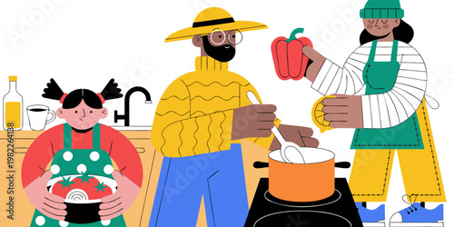 Diverse family preparing vegetables and cooking a healthy meal in the kitchen with vegetables preparation lifestyle domestic nutrition ingredients illustration character together activity