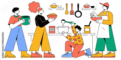 Group of friends and family cooking and preparing food in a home kitchen with preparation lifestyle domestic activity together kitchenware utensils illustration character background colorful