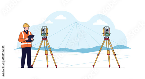 Civil engineer in safety gear uses a total station on a tripod to perform land surveying and site measurement for construction.