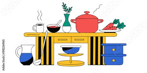 Freshly cooked meal and kitchen tools on a wooden dining table flat vector illustration vegetables utensils lifestyle culinary preparation nutrition breakfast ingredients illustration