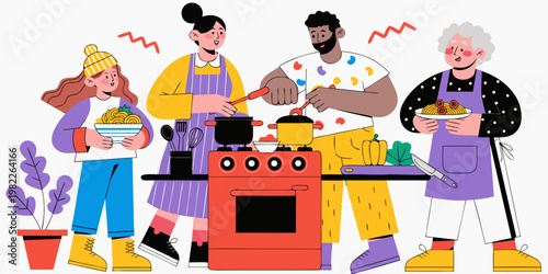 Multi-generational family cooking pasta together in a cozy kitchen with preparing lifestyle generation grandmother activity together domestic utensils nutrition illustration character