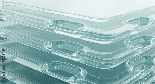 Stack of clear plastic packaging trays abstract background with geometric shapes and clean lines suitable for product display or technology concepts