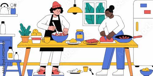 People cooking together in a kitchen setting vector illustration with preparation lifestyle chopping vegetables sausages domestic together housework culinary ingredients interior minimalist