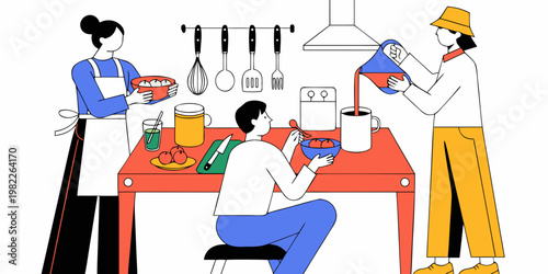 People preparing food in a modern minimalist kitchen vector illustration with preparation lifestyle nutrition breakfast activity housework interior illustration minimalist culinary utensils