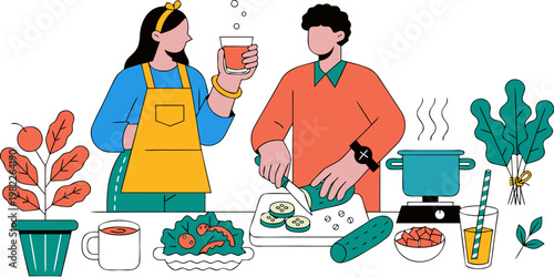 Couple preparing a fresh salad in the kitchen together for a healthy homemade meal with vegetables preparing cucumber lifestyle nutrition vegetarian ingredients wholesome culinary together