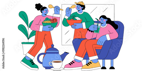 Healthy lifestyle illustration featuring three people eating fresh salads and drinking refreshing beverages lifestyle nutrition vegetables vegetarian refreshment vegetable happiness together