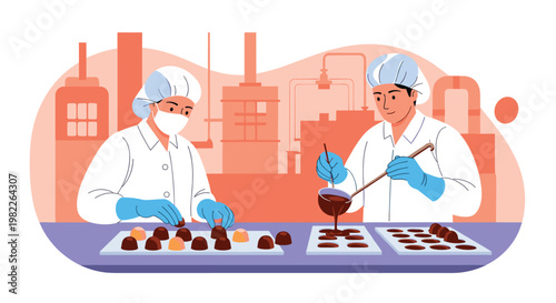 Workers in sanitary uniforms and hairnets handcraft delicious chocolate pralines on a production line in a confectionery factory.