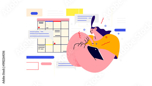 A stressed woman surrounded by calendar and notes in a vector illustration
