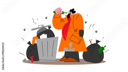 A cartoon illustration of a man brushing his teeth amidst trash and garbage