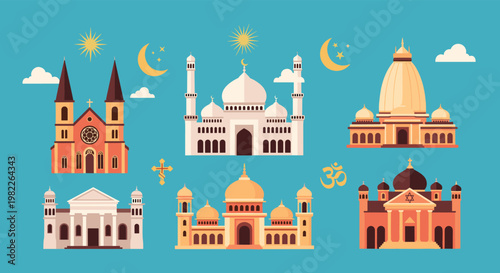 Diverse collection of architectural styles for places of worship includes churches, mosques, temples, and synagogues on a blue sky.
