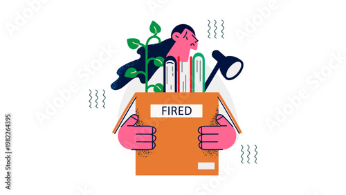 A cartoon man holding a box labeled fired with office supplies and a plant coming out of it