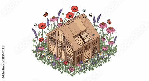 Wooden Insect Hotel with Wildflowers and Pollinating Bees, Butterflies, and Ladybugs Vector Illustration
