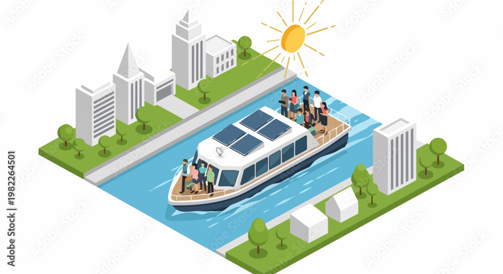 Fototapeta premium Isometric Solar Powered Ferry Boat in Green City - Eco-Friendly Electric Water Transport with Passengers - Renewable Energy Urban Commuting Illustration