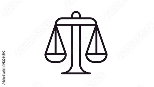 Justice scale vector icon, minimalist black line art illustration of weighing scales representing law, court, legal system, equality, and balance, isolated graphic symbol for web and print.