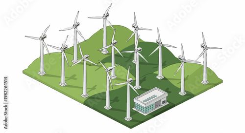 Isometric Renewable Energy Concept: Wind Turbines on Green Hills with Power Station Illustration