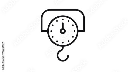 Hanging Scale Vector Icon Illustration: A Minimalist Black Line Art Symbol of a Crane Scale with a Circular Dial and Hook for Industrial Weight Measurement and Commercial Shipping Use.