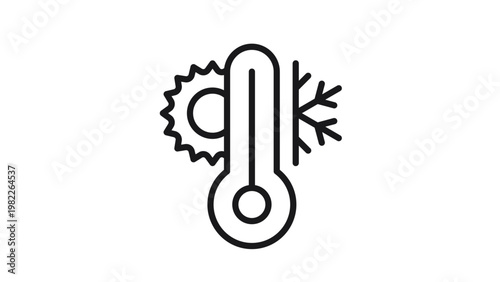 Thermometer vector icon with sun and snowflake symbols representing temperature control, hot and cold weather, climate, HVAC systems, and thermal regulation in a minimalist black line style.