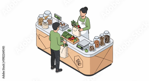 Isometric Illustration of People Shopping at a Zero Waste Organic Grocery Store with Reusable Bags and Bulk Jars