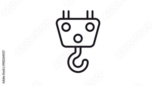 Industrial crane hook and pulley block vector icon illustration for heavy lifting, construction, and manufacturing equipment, minimalist black line art design isolated on a white background.