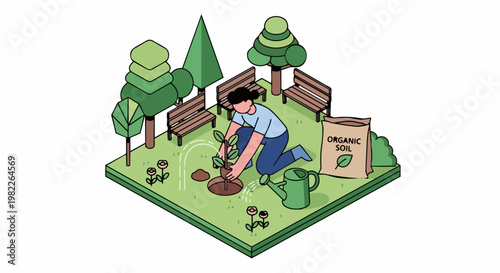 Isometric Vector Illustration of a Woman Planting a Young Tree in a Park for Environmental Sustainability and Reforestation