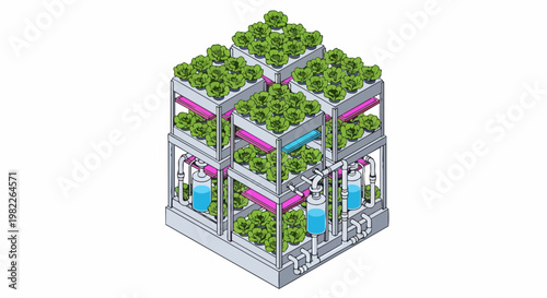 Isometric Vertical Farming System Illustration for Sustainable Urban Agriculture and Indoor Hydroponics