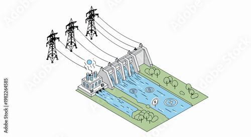 Isometric Hydroelectric Dam and Power Station Illustration for Renewable Energy, Green Electricity Infrastructure, and Sustainable Power Generation Vector Art