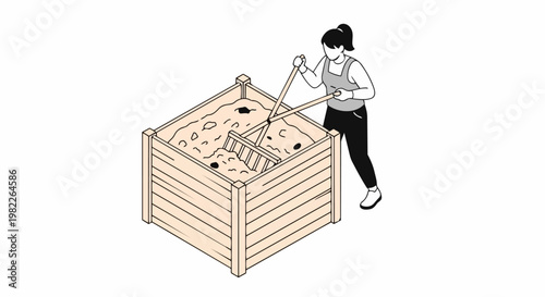 Woman Aerating Organic Waste in a Wooden Compost Bin with a Rake, Sustainability Concept Illustration