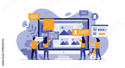 Creative design team collaborates on a user interface layout for a new website project using various graphic elements on a large monitor.