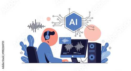 Audio engineer utilizes artificial intelligence technology to process sound waves and compose music on a professional workstation with speakers.
