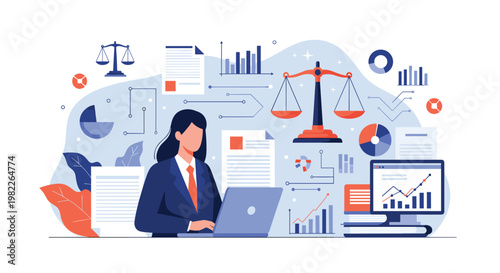 Legal professional analyzes case data and statistics using a laptop surrounded by symbols of justice and various business performance charts.